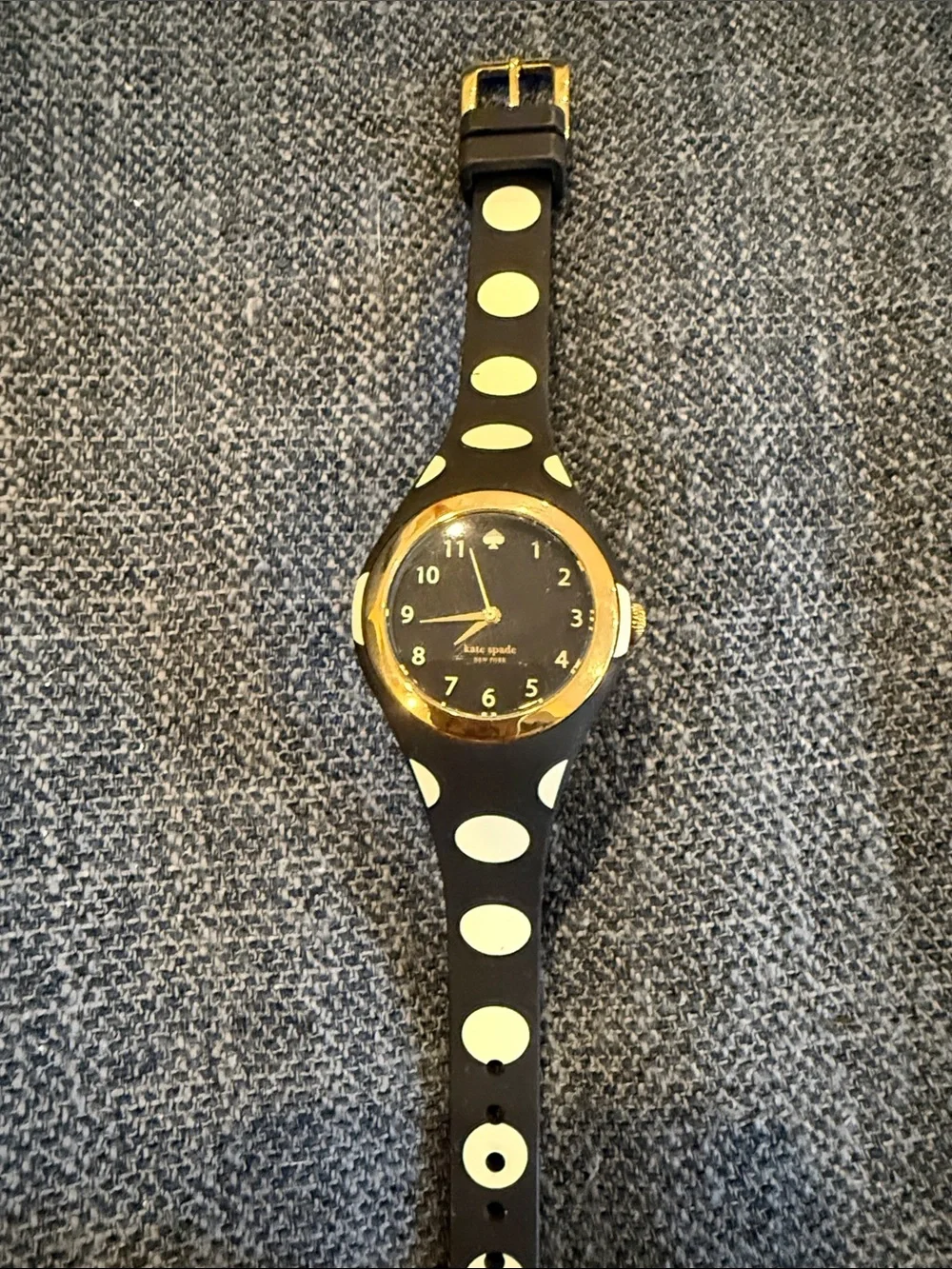 kate spade Black Silicone Watch with White Polka Dots and Gold-Tone Bezel
